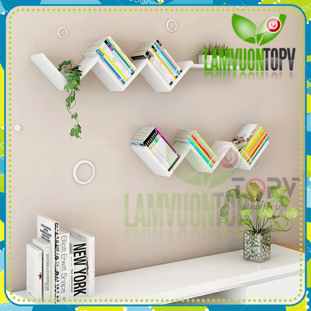 Kệ sách treo tường TopV giá sách gỗ tủ để đựng đỡ kê vở cho bé decor nhỏ mini giá rẻ ziczac trắng Làm vườn TopV