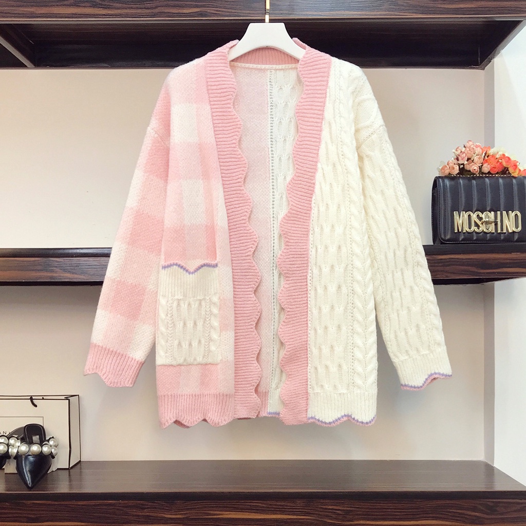 Hàng Sẵn_ Áo khoác len phối màu xanh sữa viền cánh hoa anh đào Hadu shop