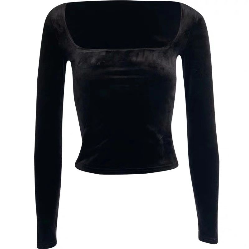 Áo Thun Nhung Tay Dài Cổ Vuông Phong Cách Retro Thời Trang Thu Đông Cho Nữ