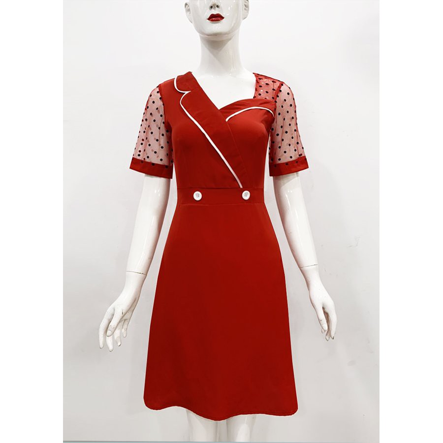 GOTI - Đầm Xòe Công Sở Thanh Lịch Kiểu Váy Cổ Vest Cách Điệu Phối Tay Chấm Bi Đính Nút 3295