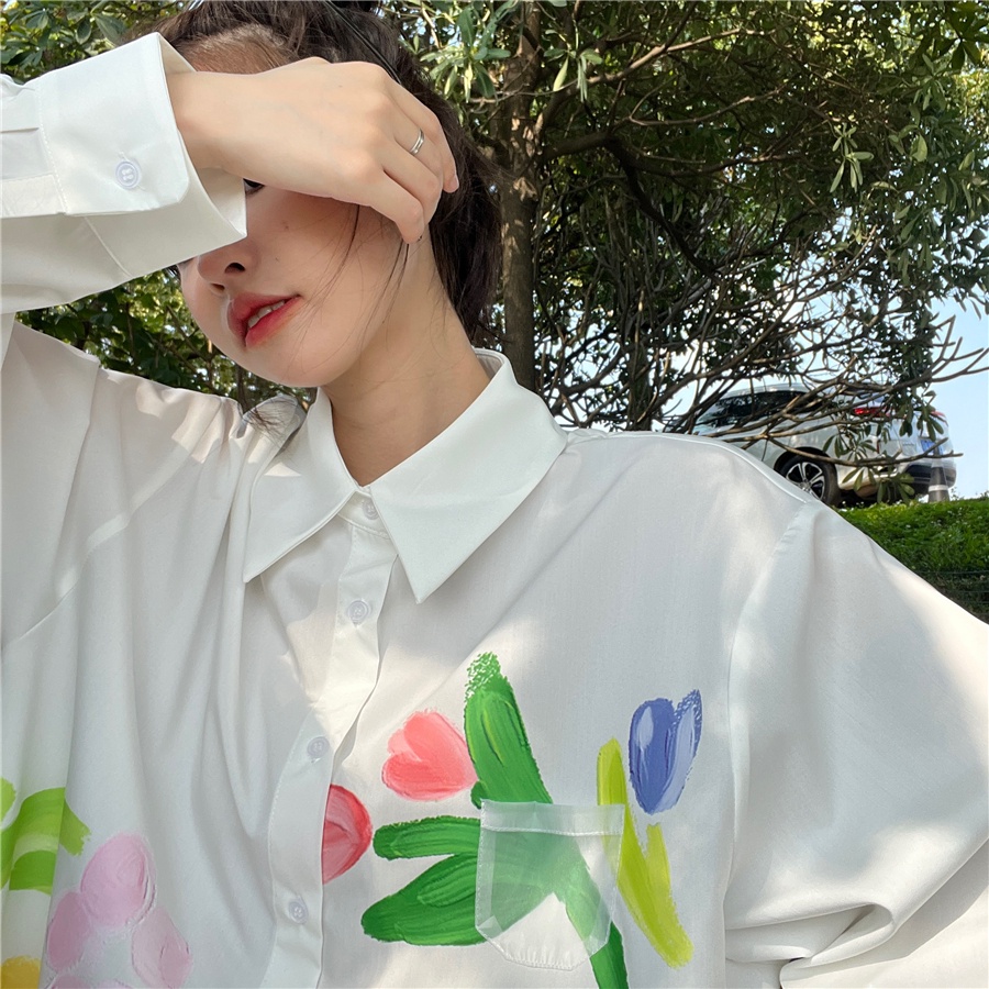 Áo Sơ Mi Nữ Tay Dài Dáng Rộng Cổ Polo In Họa Tiết Phong Cách Hàn Quốc