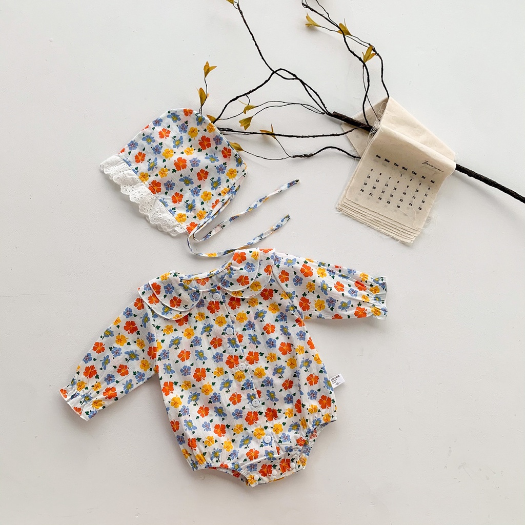 Bộ Áo Liền Quần Tay Dài In Hoa + Mũ Dễ Thương Cho Bé Gái Sơ Sinh