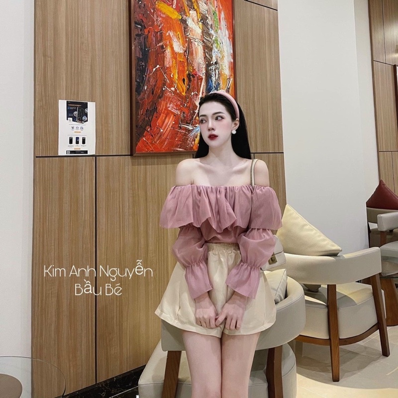 (ẢNH THẬT) Set Áo Voan Trễ Vai Bèo Tầng Kèm Quần Short Cạp Chun