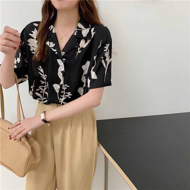 Áo Sơ Mi Chiffon Tay Ngắn Dáng Rộng In Họa Tiết Tranh Sơn Dầu Kiểu Hồng Kông Mới Cho Nữ