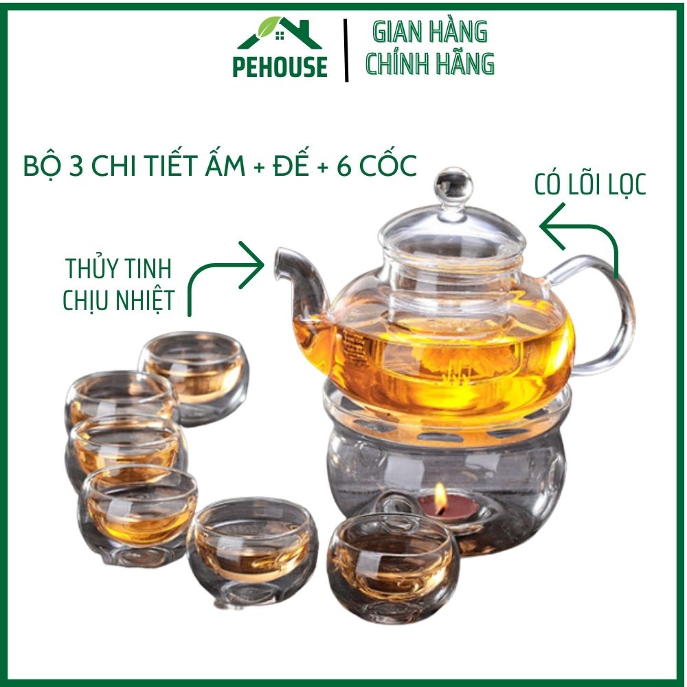 Bộ Ấm Trà Thủy Tinh, Ấm pha Trà 658 Có Lõi Lọc Dung Tích 600ml