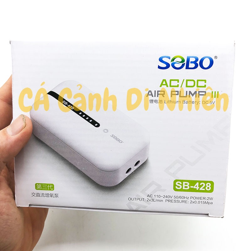 Máy Sủi Khí Oxy 2 Vòi Tích Điện SOBO SB-428 2W cho hồ cá kèm dây+đá sủi