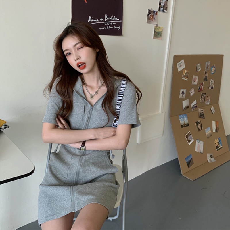 Đầm hoodie PERTY ôm vừa vặn tay ngắn có khóa kéo phong cách Hàn Quốc thời trang dành cho nữ