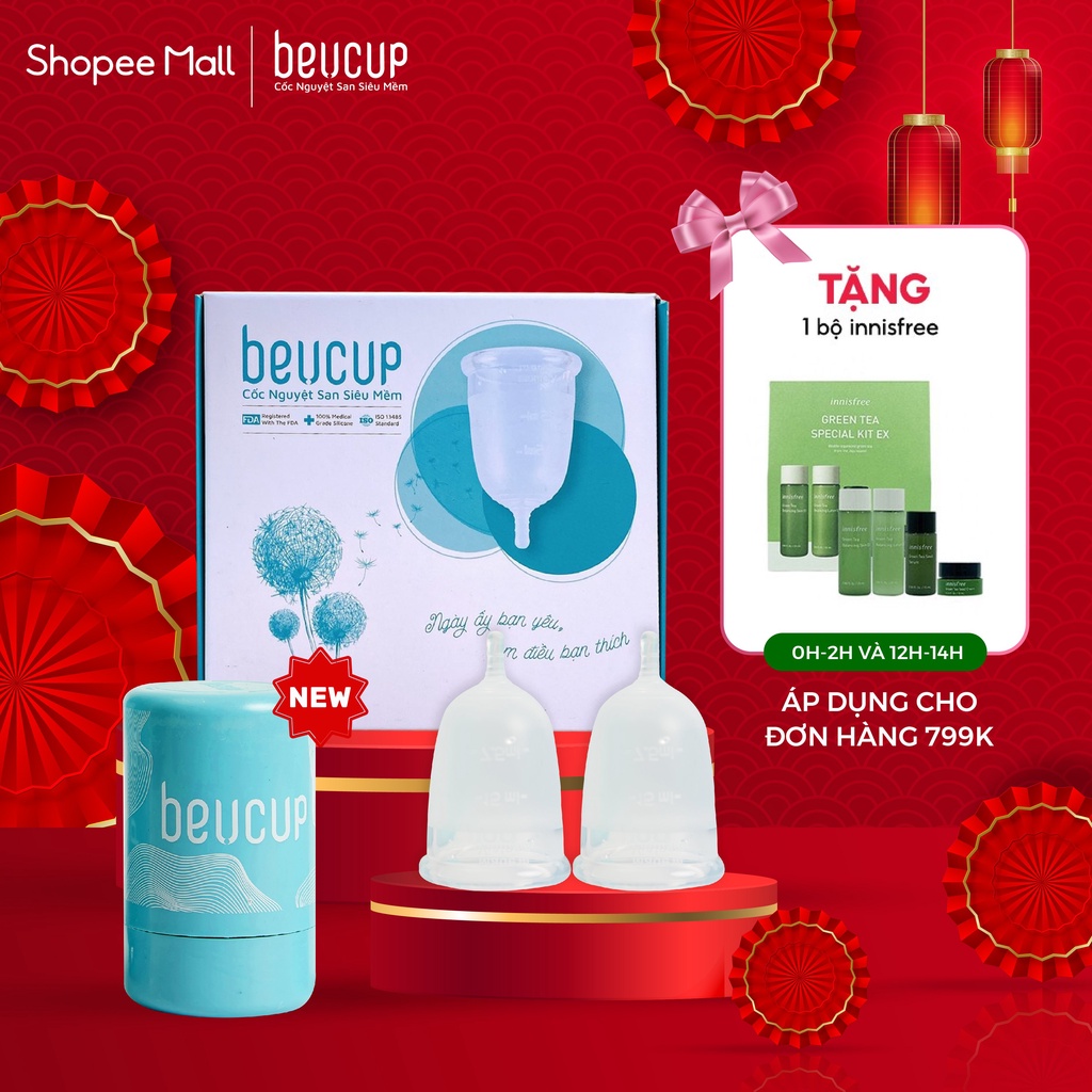 Combo 2 Cốc Nguyệt San BeUCup Chính Hãng,100% Silicol Y Tế Wacker Đức siêu mềm