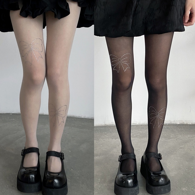 Xiangbao Quần Tất Mỏng Trong Suốt Đính Đá Phối Nơ Phong Cách Gothic Quyến Rũ Cho Nữ