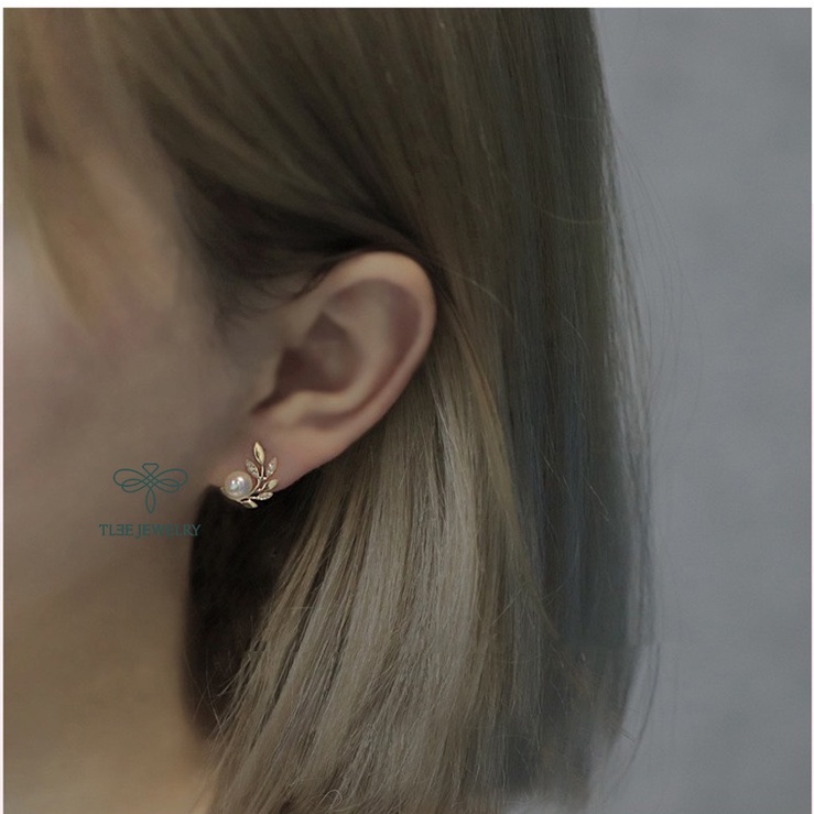 Khuyên tai bạc nữ TLEE Lá Oliu nạm đá ôm ngọc trai nhân tạo sang trọng TleeJewelry B0111