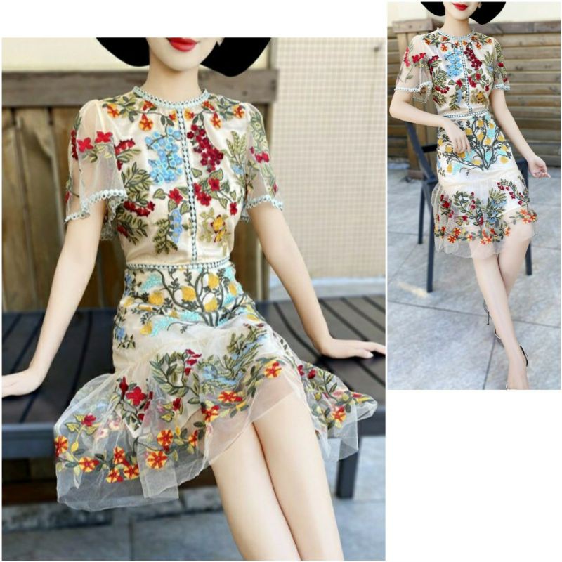 Hàng nhập - Đầm dáng ôm suông đuôi cá thêu hoa, váy ren dự tiệc siêu sang
