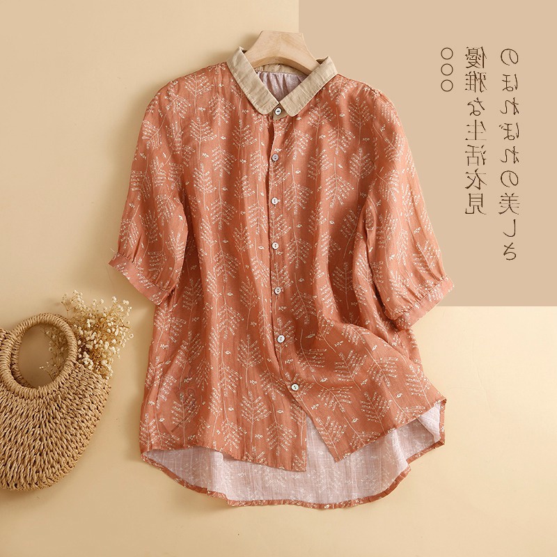 Ice pick up! Printed cotton linen tops short-sleeved shirt lapel ramie thin brand cut label