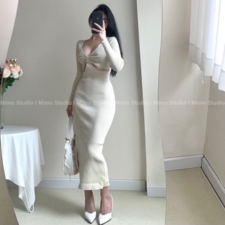 Đầm len ôm body xẻ đùi khoét eo-2016
