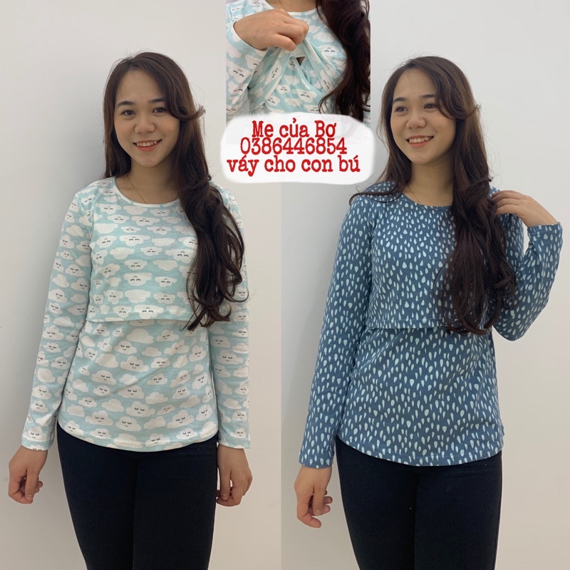 Áo cotton dài tay cho con bú, áo vạt chéo cho mẹ sau sinh, size lớn đến 75kg