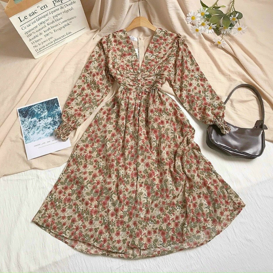 Đầm Voan Dày Mịn Cổ Chữ V Kèm Nút Giả Tay Dài Phối In Nhiều Hoa Dễ Thương TTSA1631