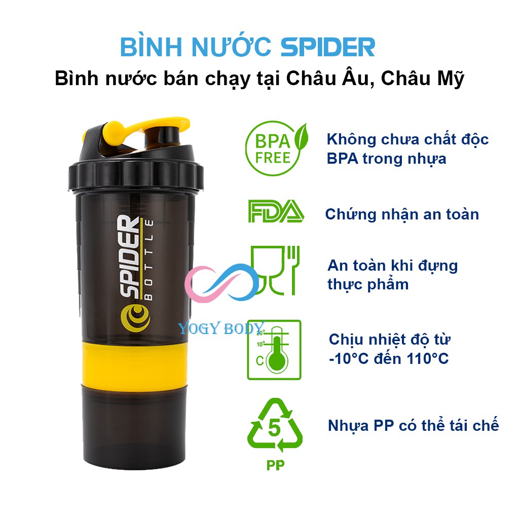 Bình Nước 3 Ngăn Tiện Lợi Spider Có Lò Xo Lắc Inox, Tập Gym, Thể Thao, Du Lịch Có Vạch Chia DT 500+200ML