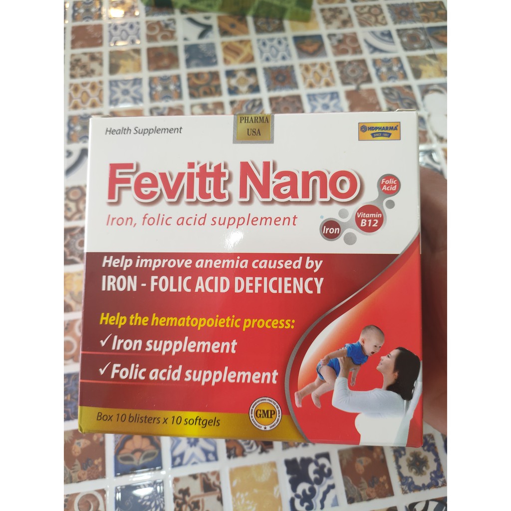 Viên uống bổ sung sắt FEVITT NANO bổ máu hỗ trợ quá trình tạo máu, cải thiện tình trạng thiếu máu - Hộp 100 viên