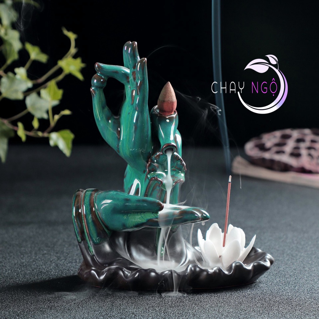 Thác khói Trầm Hương Bàn Tay Phật Cao Cấp - Thủ Ấn Tránh Ác Tarjani Mudra Hoa Sen - Thủ Ấn Xanh (Nhỏ)