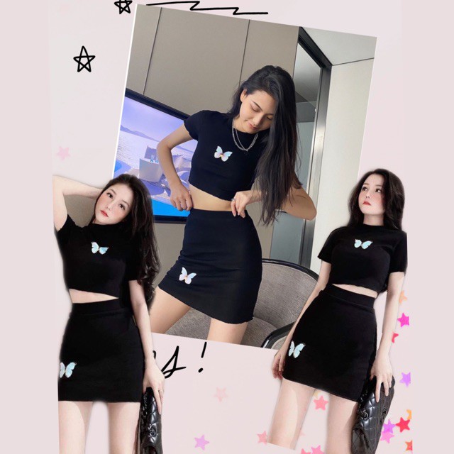 Set váy croptop body hack dáng, áo croptop kèm chân váy ngắn thêu hình ấn tượng