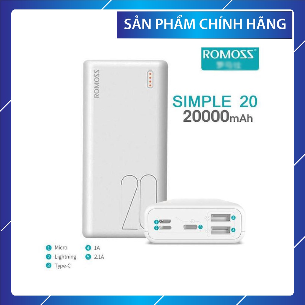 Pin sạc dự phòng Romoss Simple 20.000-10000mAh nhỏ gọn 3 cổng input - BH 12 Tháng Chính Hãng