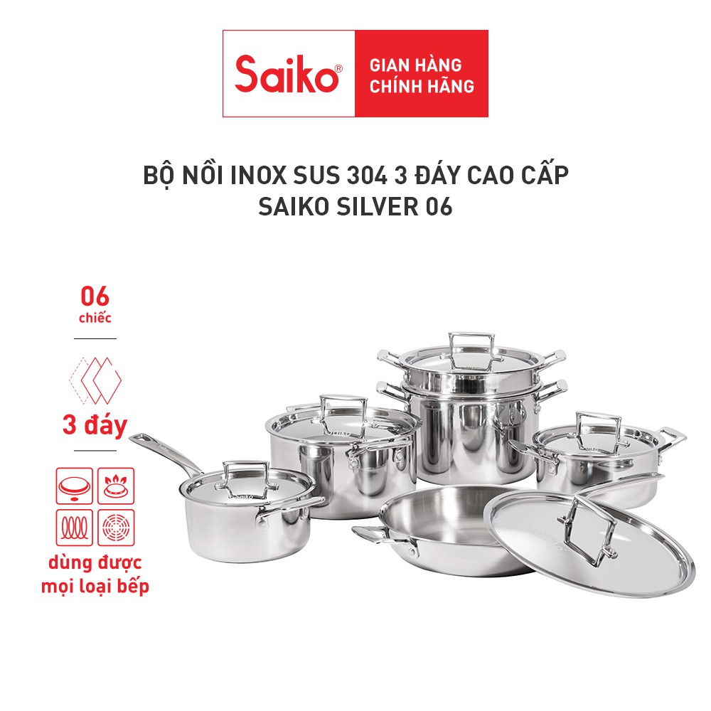 Bộ nồi inox bếp từ 3 đáy cao cấp 1 chõ hấp, 1 chảo, 4 nồi kèm nắp Saiko Silver 06