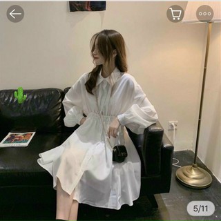 Đầm sơ mi nhúng eo cổ gập gài nút