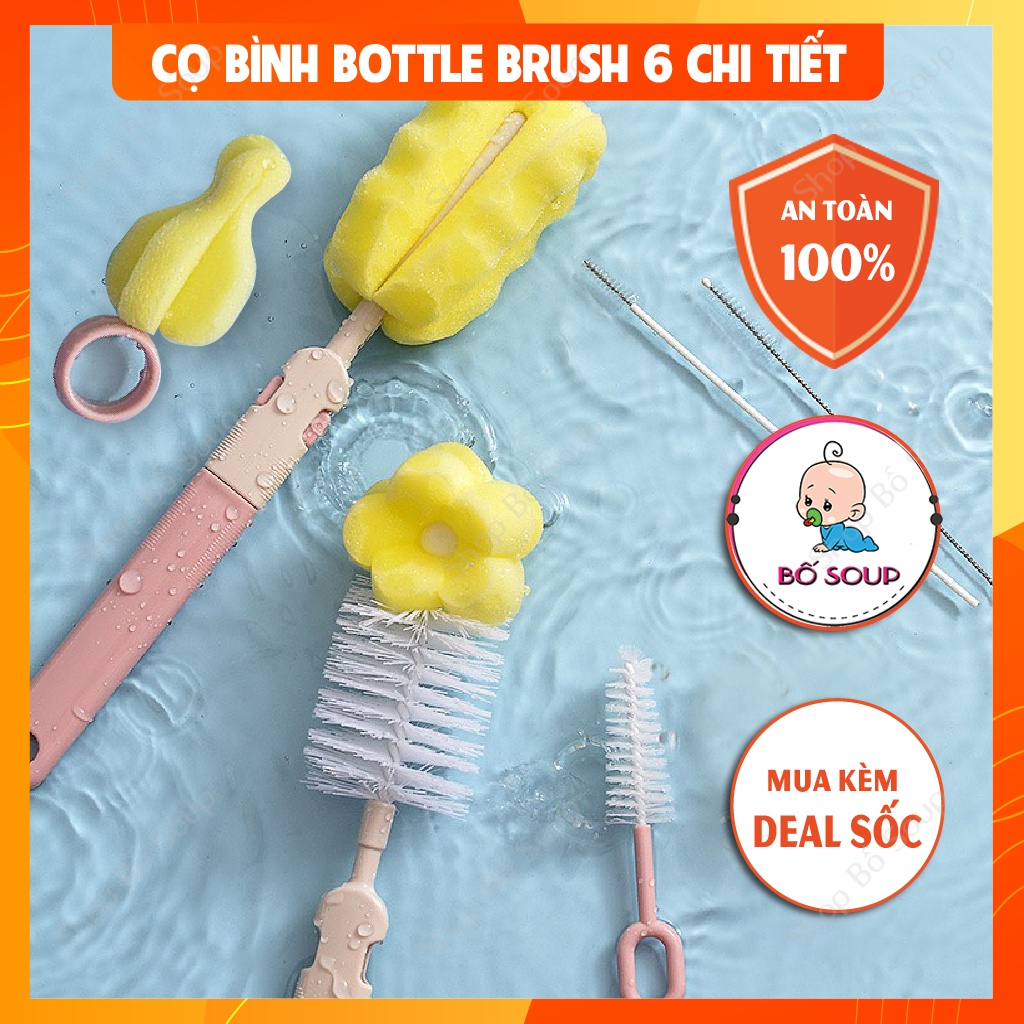 Cọ rửa bình sữa, núm ti, ống hút sữa 6 chi tiết Bottle Brush cao cấp cho bé Shop Bố Soup