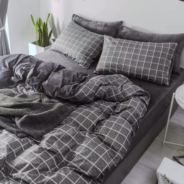 Bộ chăn ga gối phong cách Hàn quốc Cotton poly mẫu Kẻ Dạ