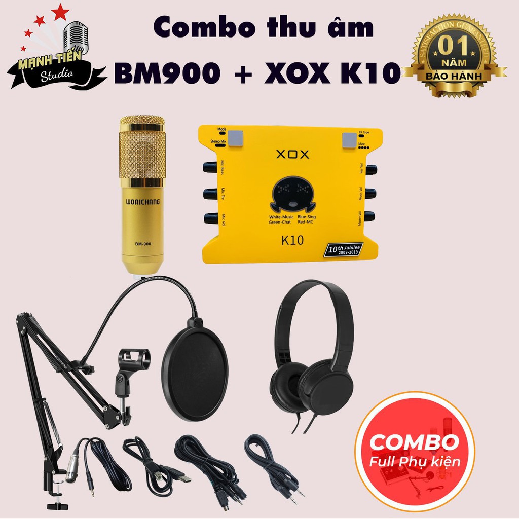 Bộ Combo livestream thu âm karaoke woaichang BM900 Sound card XOX K10 - Full phụ kiện kẹp micro, màng lọc, tai nghe
