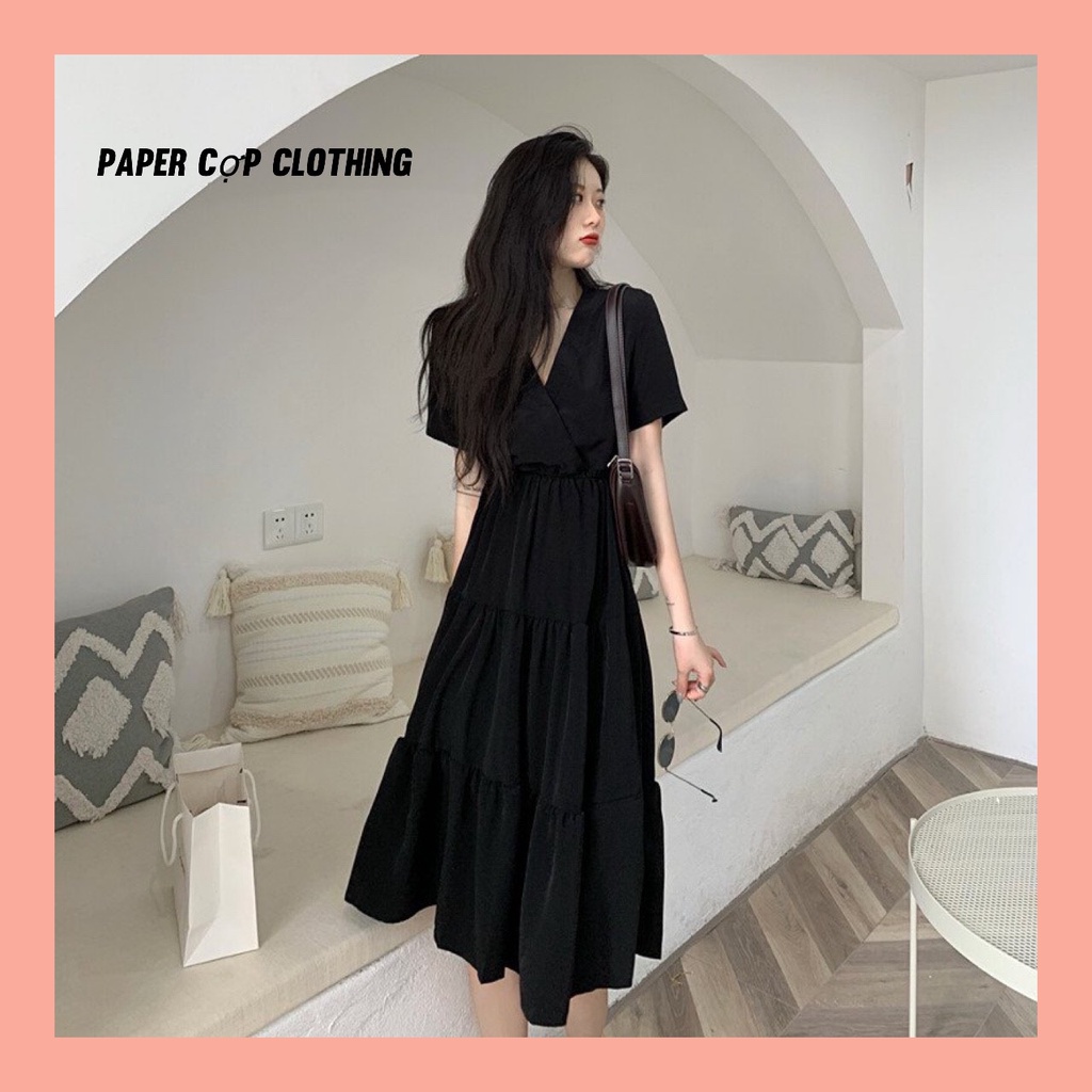Váy GoodG cổ chữ V xếp tầng , dáng váy maxi cộc tay N80