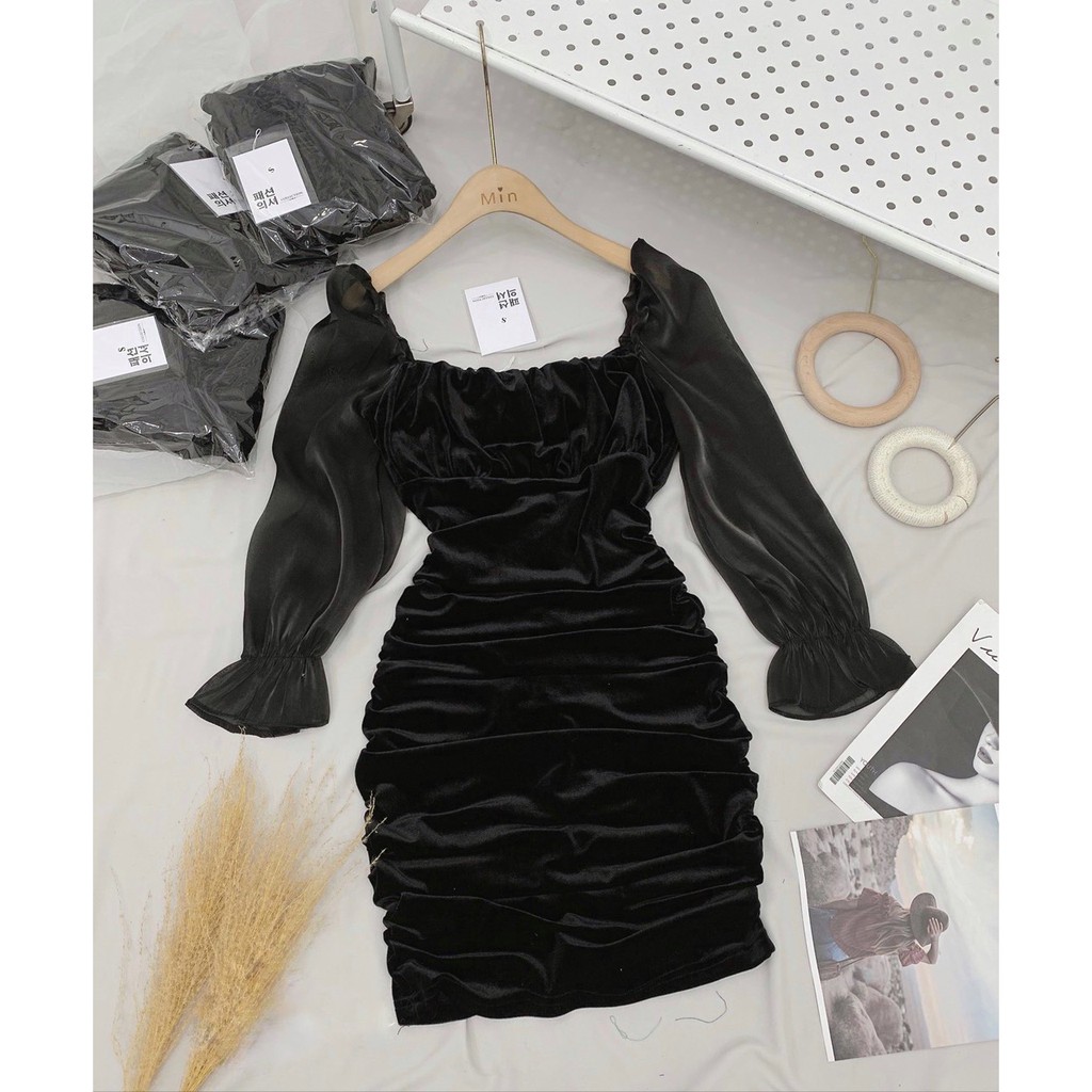 (Sẵn) Đầm nhung cổ vuông body - Váy cách tân tay voan ( có ảnh thật ) | BigBuy360 - bigbuy360.vn