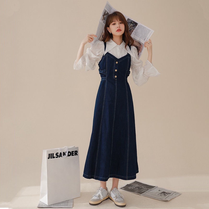 Set đầm yếm denim màu xanh lam đậm kiểu Hàn Quốc duyên dáng dành cho nữ (có bán lẻ áo sơ mi / đầm)