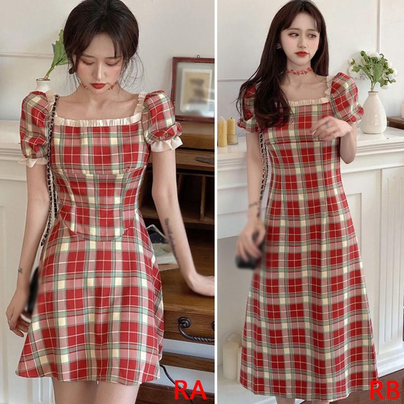 Đầm Nữ Tay Phồng Cổ Vuông Nhấn Eo Phong Cách Retro Pháp Thanh Lịch