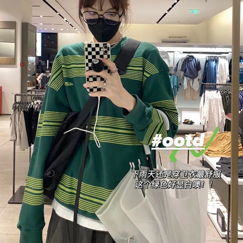 Áo Hoodie Tay Dài Cổ Tròn Form Rộng Họa Tiết Kẻ Sọc Phong Cách Hip Hop Mới Cho Cặp Đôi