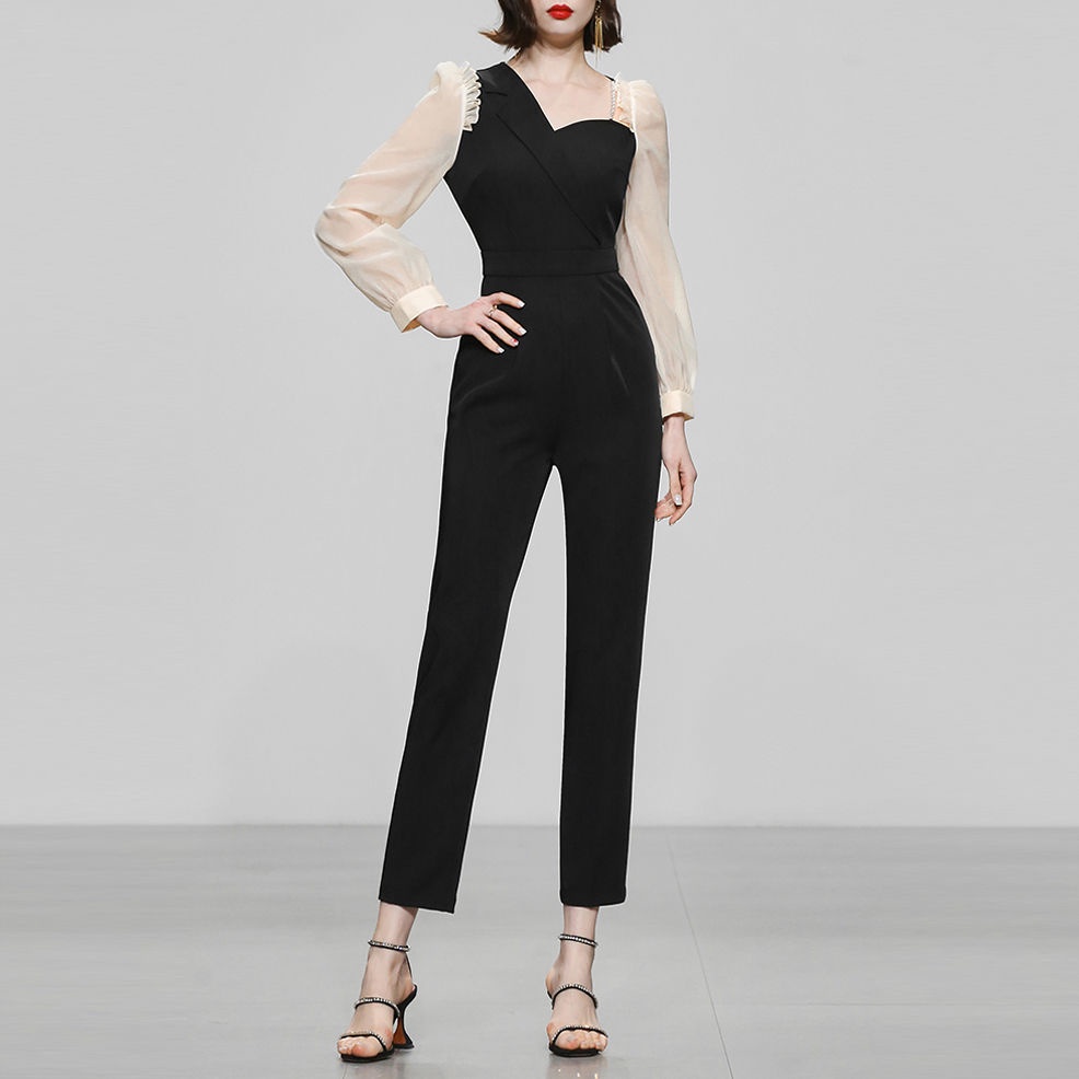 Jumpsuit đen Jumpsuit voan Jumpsuit hở lưng Jumpsuit dành cho phụ nữ Mùa xuân Quần áo của phụ nữ 2022 Thời trang mới Tính khí tương phản Màu sắc Jumpsuit Jumpsuit Đồ liền quần chín điểm