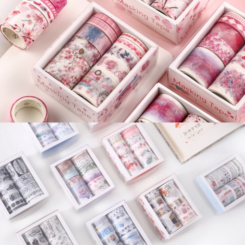 Hộp 10 cuộn băng dính washi tape màu sắc rực rỡ