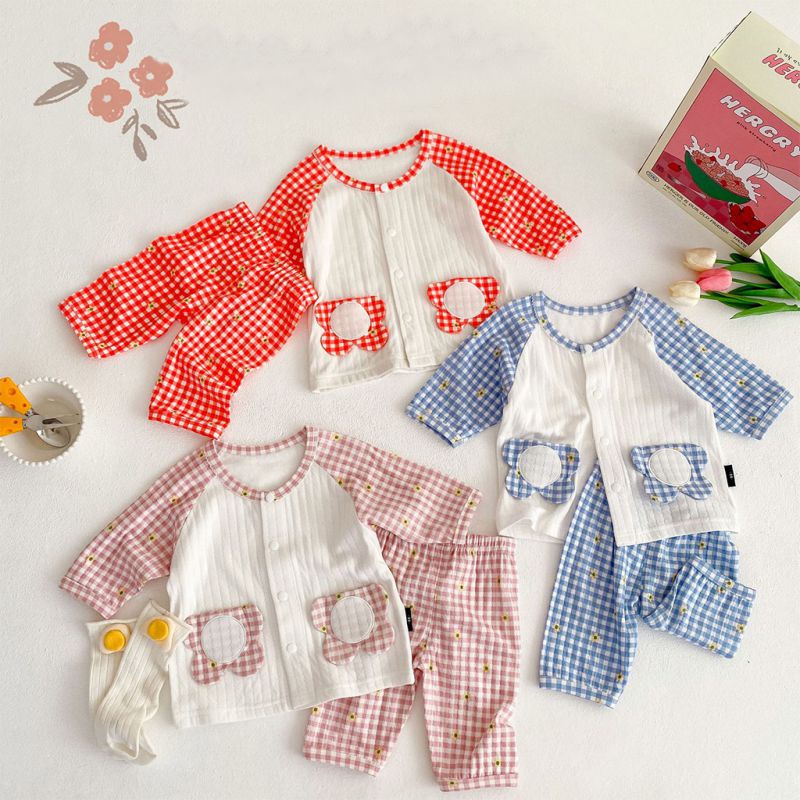 Bộ Đồ Ngủ Vải Cotton Họa Tiết Sọc Ca Rô Thời Trang Xinh Xắn Cho Bé Gái