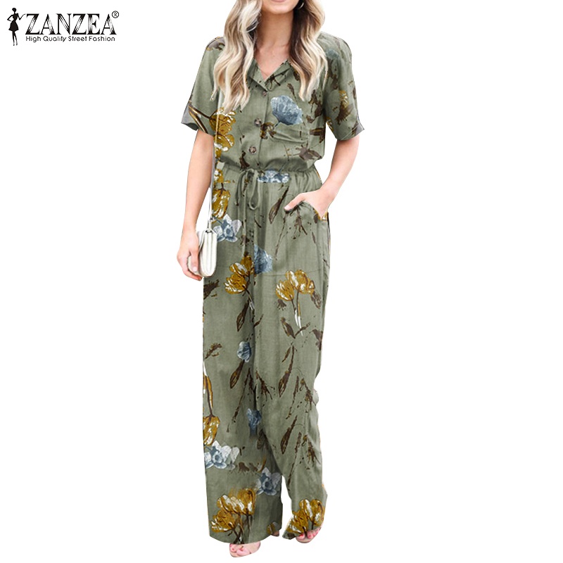 Áo liền quần  ZANZEA ngắn tay in hoa phong cách Châu Âu vintage cho nữ