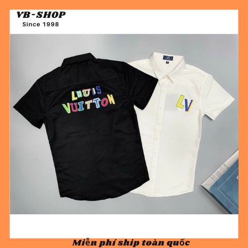 Áo sơ mi nam ngắn tay màu trắng cao cấp giá rẻ in L.V vải kate lụa bóng nhẹ mặc mát sang trọng form vừa xuất khẩu VBSHOP