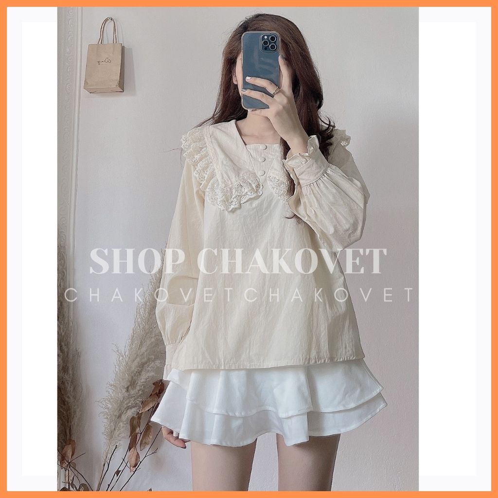 Áo sơ mi nữ viền ren cúc bọc tay dài màu trắng be phong cách thời trang Hàn Quốc -CKA169
