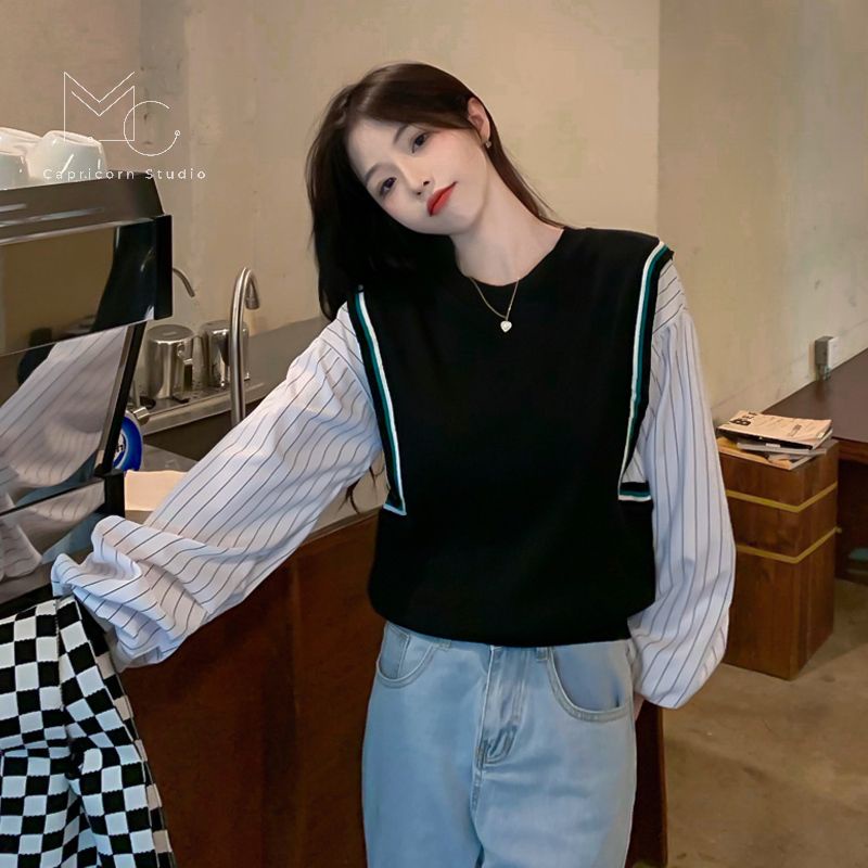 Áo sweater giả áo gile và tay sơmi độc đáo phong cách Hàn Quốc Ulzzang