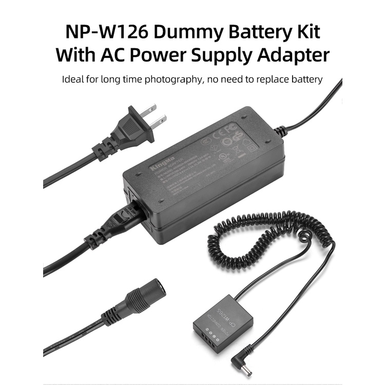 Bộ pin giả KingMa NP-W126 với Bộ chuyển đổi nguồn điện EU plug Power adapter