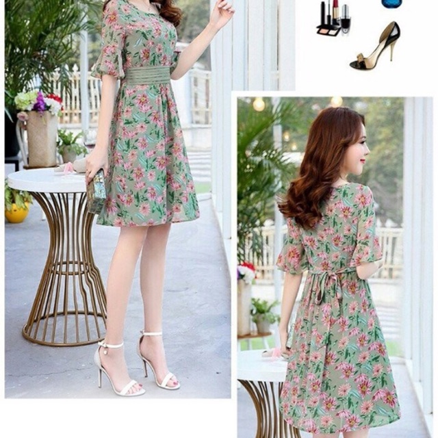 Đầm voan xoè có lót trong tay ngắn eo xếp ly size S M L XL