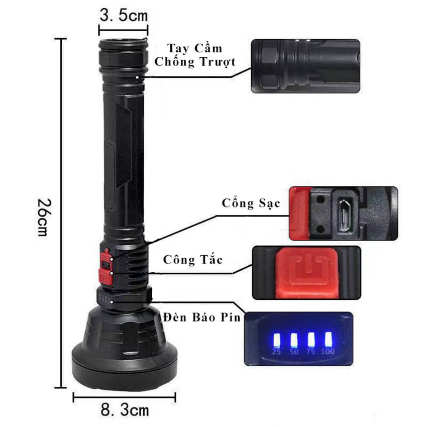 Đèn pin cầm tay siêu sáng cáp sạc micro USB chiếu xa 500m đèn pin L826