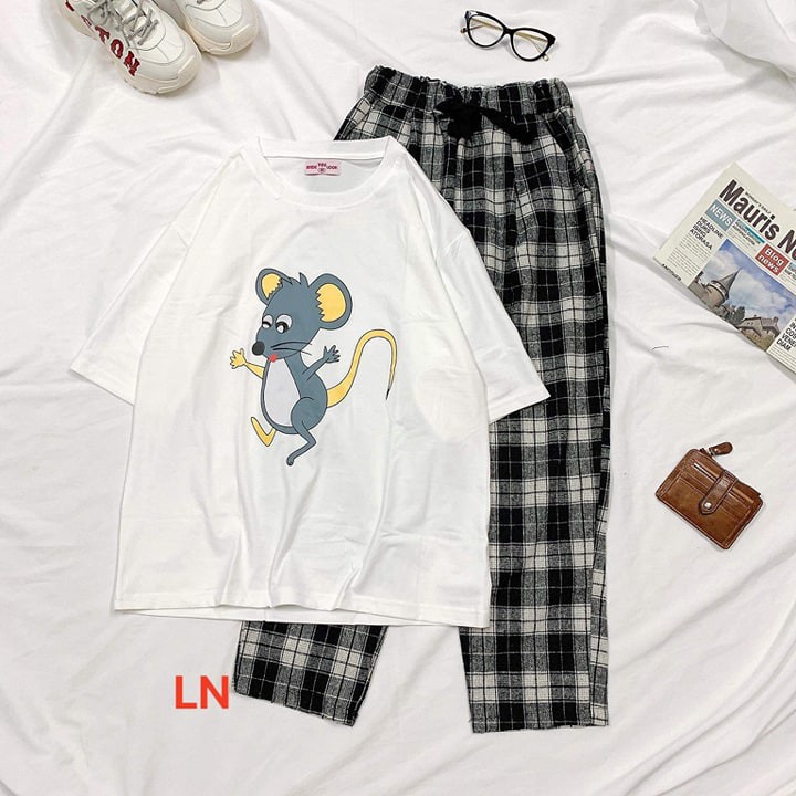 Set đồ áo thun chuột quần caro siêu đẹp