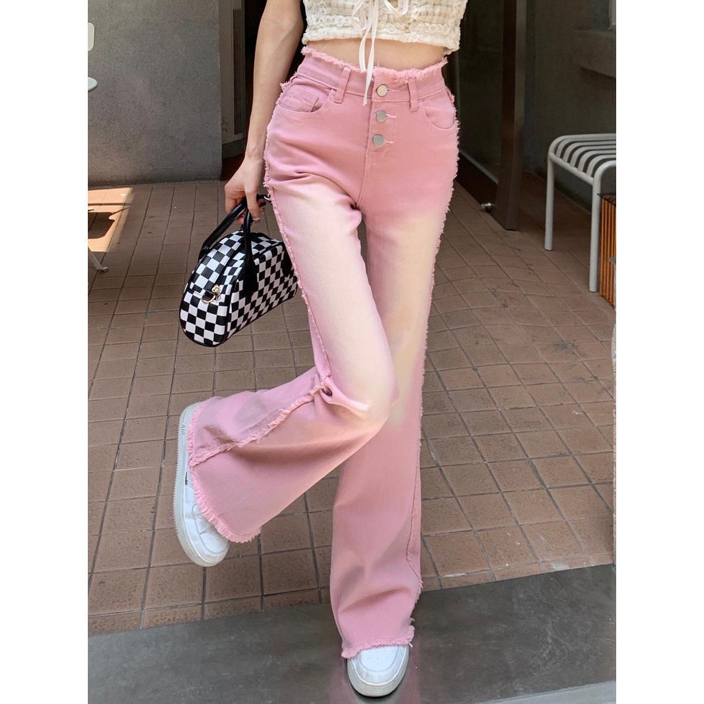 Quần Jeans Lưng Cao Ống Loe Màu Hồng Thời Trang Cho Nữ