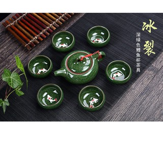 Bộ ấm chén uống trà in cá 3D tráng men