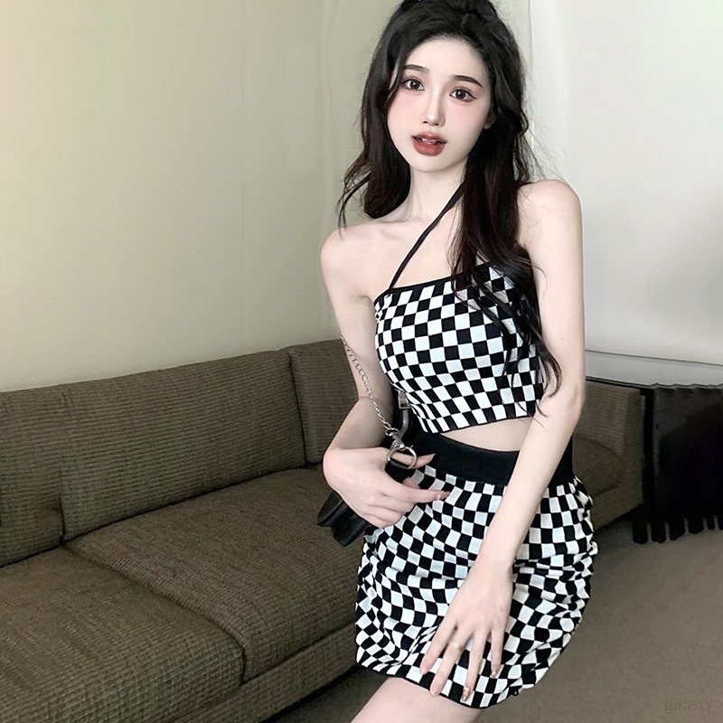 Set Áo Croptop 2 Dây + Chân Váy Dệt Kim Lưng Cao Phong Cách Hàn Quốc Thời Trang Cho Nữ