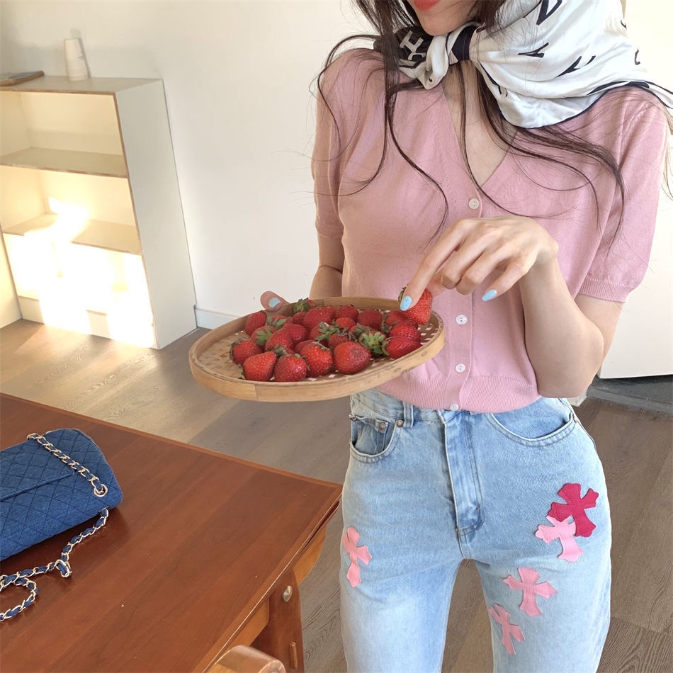 Áo cardigan Ngắn Tay Cổ Chữ V Màu Sắc Đơn Giản Dễ Phối Đồ