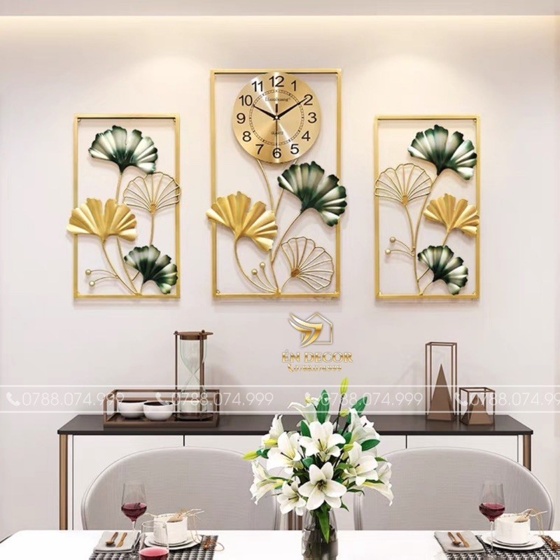 Đồng Hồ Treo Tường, Đồng Hồ Trang Trí, 3 Bức Lá Ngân Hạnh Kim Trôi Thép Tĩnh Điện Én Decor
